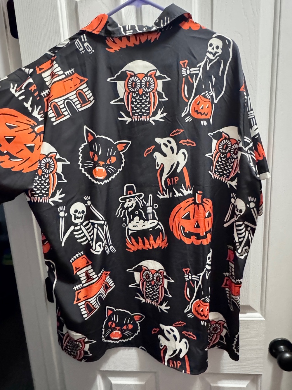 Retro Halloween Print Button-Up Shirt - Black with Orange & White Graphics - Picture 3 of 3